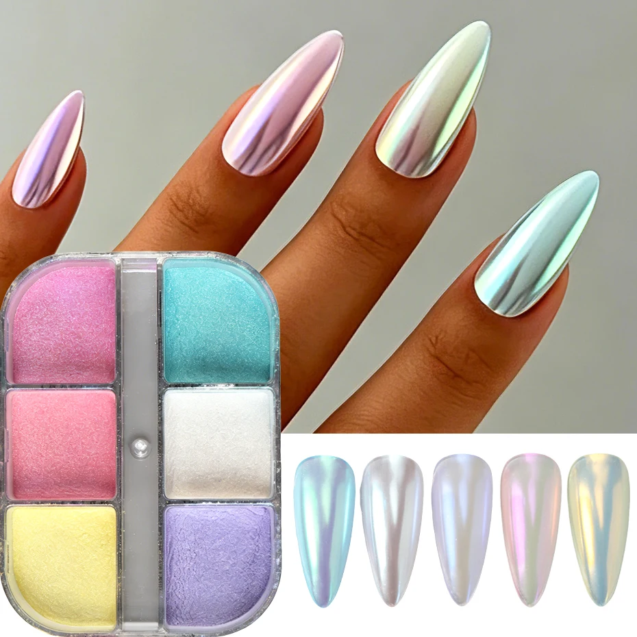 6 Colors Aurora Chrome Nail Powder Iridescent Mirror Pigment Metallic Mermaid Nail Art Dust for Gel Polish Manicure Decorations