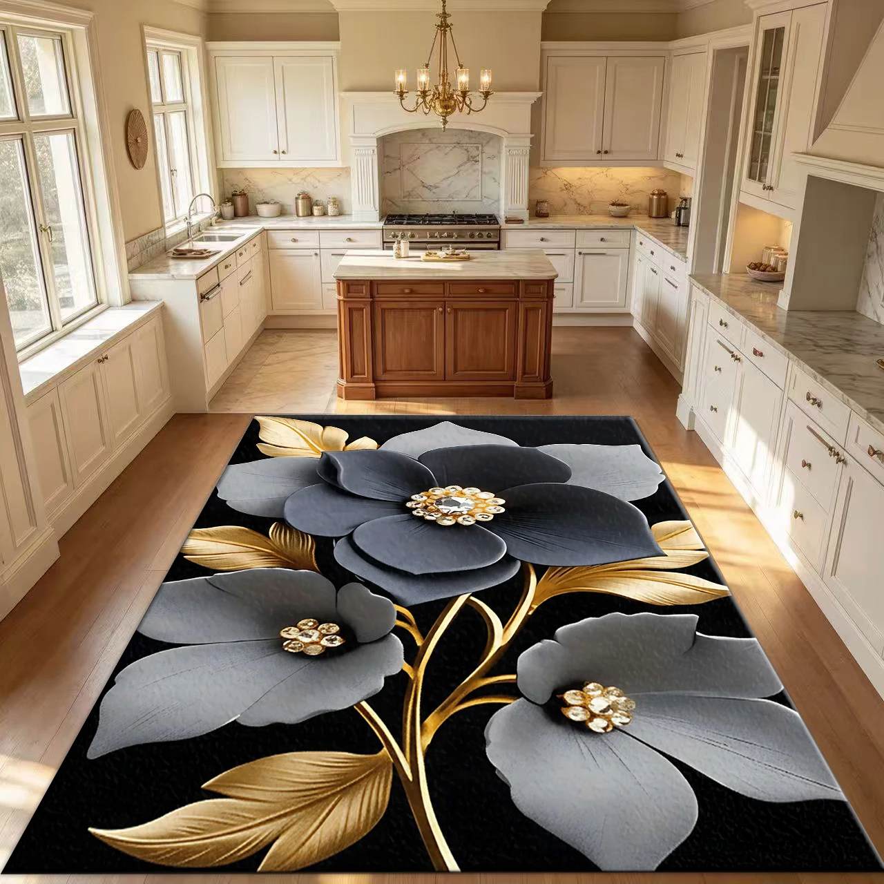 Luxurious Black and Gold 3D Floral Carpet Floor Decoration, Elegant and Noble Non-Slip Carpet, Suitable for Living Room, Bedroom, and Home Decor