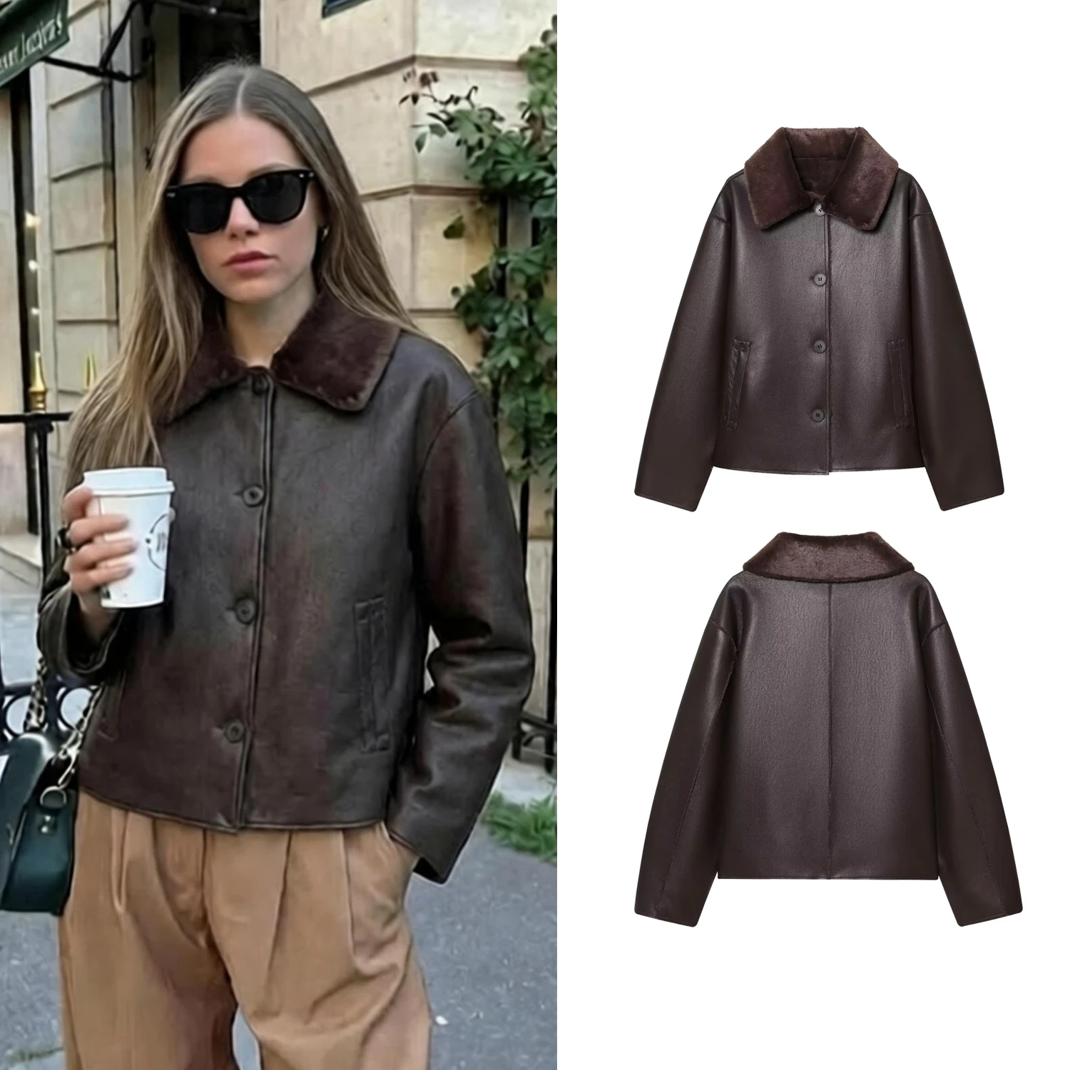 Women Coffee Faux Fur Jacket Autumn Winter New Female Long-Sleeve Faux Leather Reversible Coats Lady Chic Unique Street Jackets
