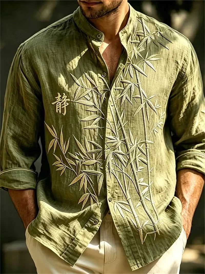 New ink wash vertical stripe dot 3D printed shirt, retro artistic and relaxed men's long sleeved shirt clothing