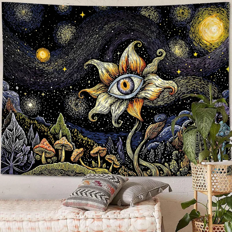 VIKAMA Starry Night Eye Flower Tapestry Van Gogh Mushroom Forest Black Background Wall Hanging Psychedelic Wall Art Decor