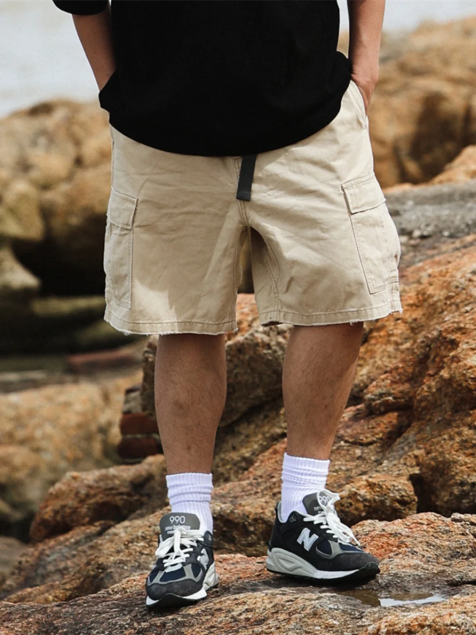 Summer Casual Cotton Workwear Pants Diagonal Pattern Stone Grinding Washed Loose Fit Five-Quarter Shorts Youth Active Style
