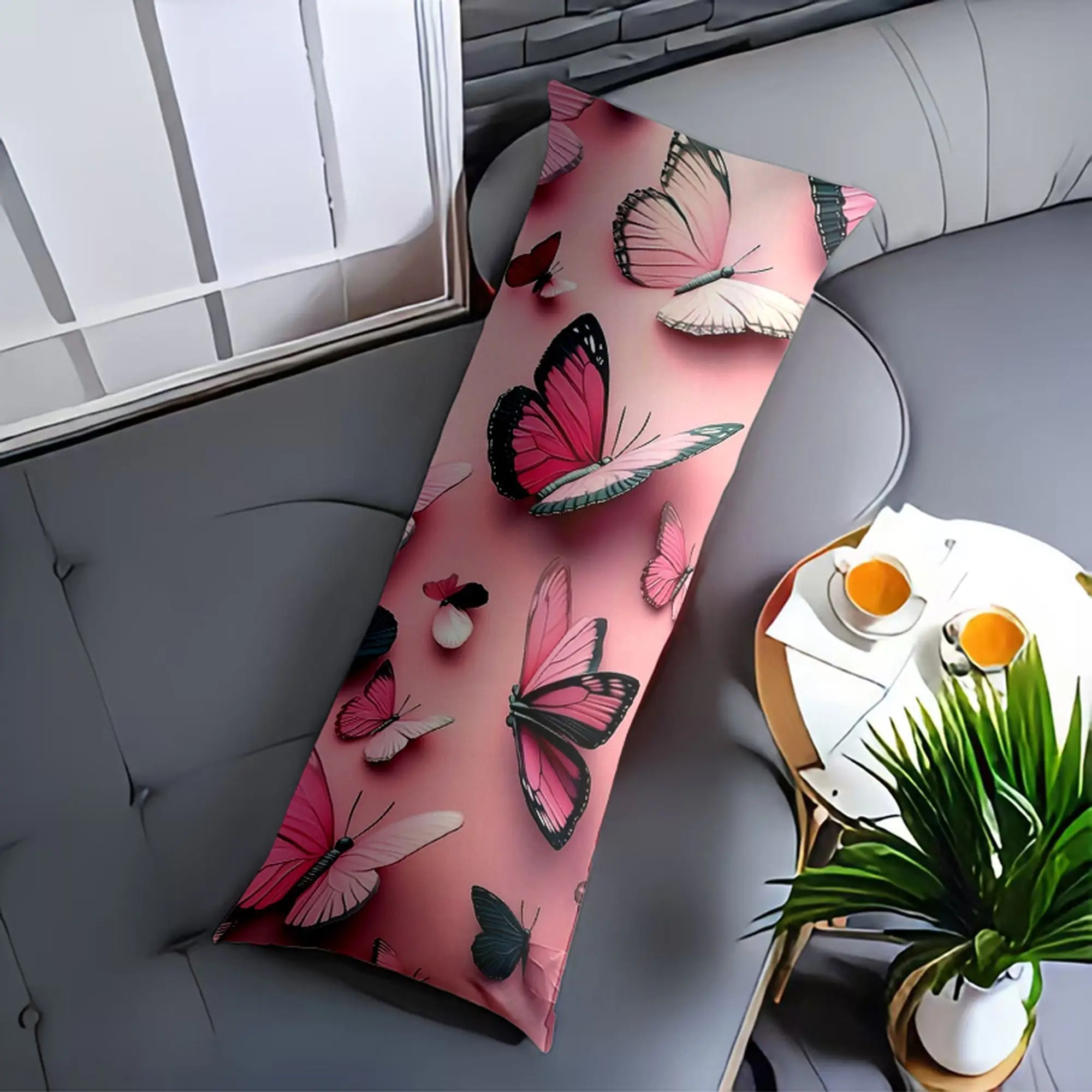 1 Extra-Long Pillowcase - Soft Pink Butterfly Print, Elegant Large Sofa Bed Cushion Cover for Patio Use - Zipper Closure, Machin