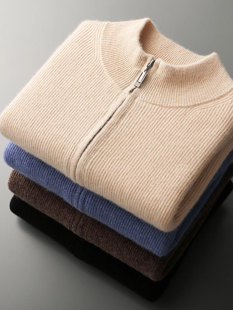 Smart Casual 100% Merino Wool Men Sweater Mock Collar Thick Cardigan Autumn Winter New Cashmere Knitted Coats Long Sleeve Tops