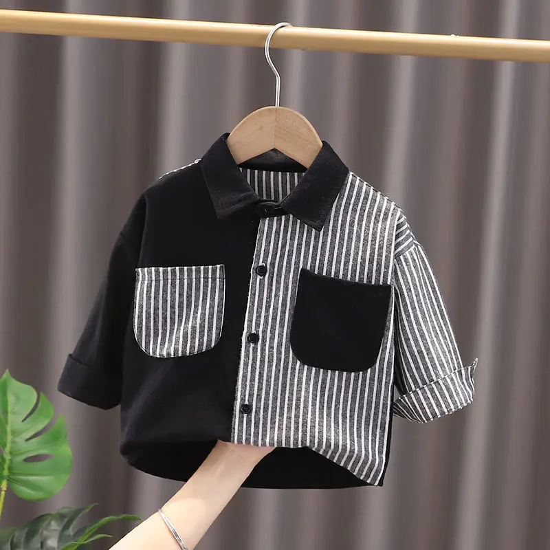 

Boys Clothes Long Sleeve Kids Spliced Spring New Striped Contrasting Colors Lapel Spliced Pocket Single-breasted Fashion Shirt