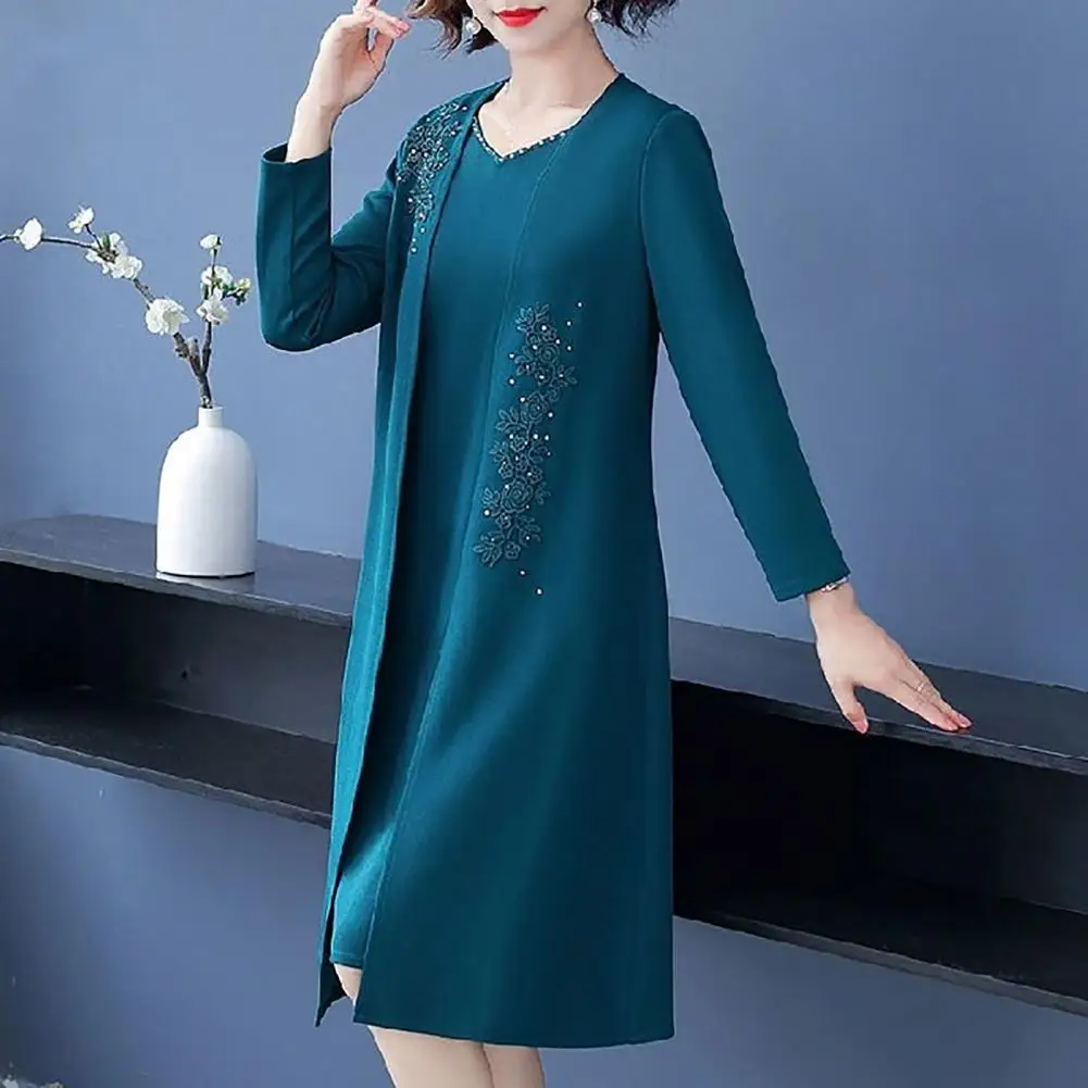 2pcs/Set Women's Coat Dress Set Long Sleeve Flower Embroidered Solid Color V Neck Formal Elegant Women's Dress Set