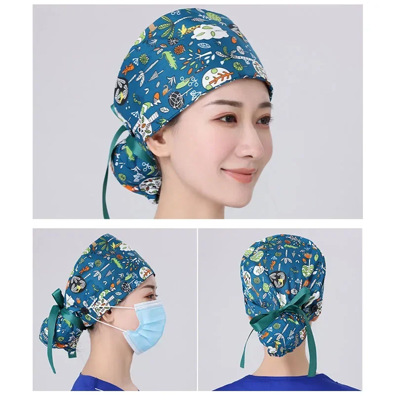 Scrub Caps for Long Hair Cute Dinosaur Printing Hats Dentistry Hospital Work Hat Lab Hat Pet Clinic Nurse Caps Wholesale