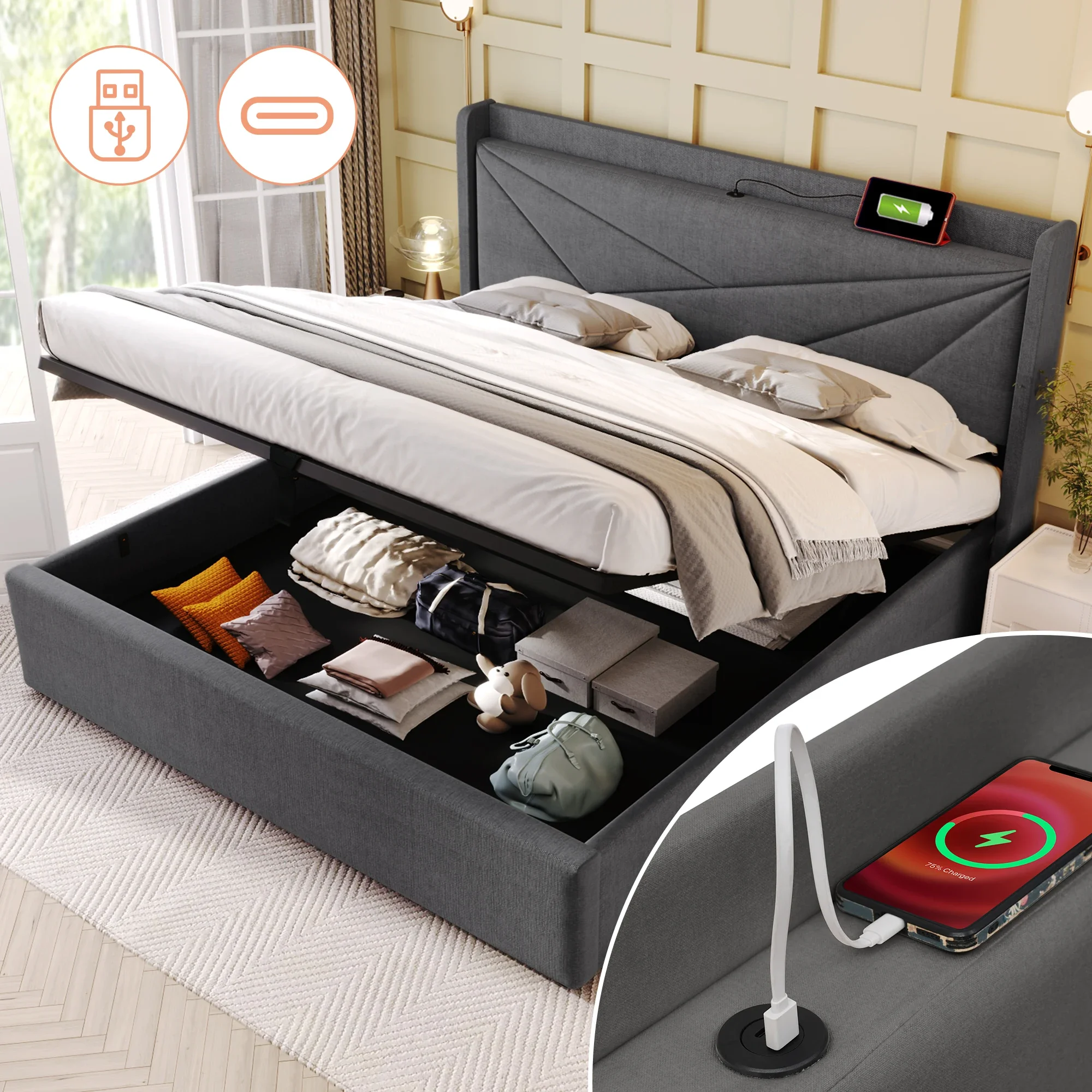 VSOGA 160x200 Cm 180*200cm Upholstered Bed Double Storage Space Box With USB Type C Charging Headboard (mattress Not Included)