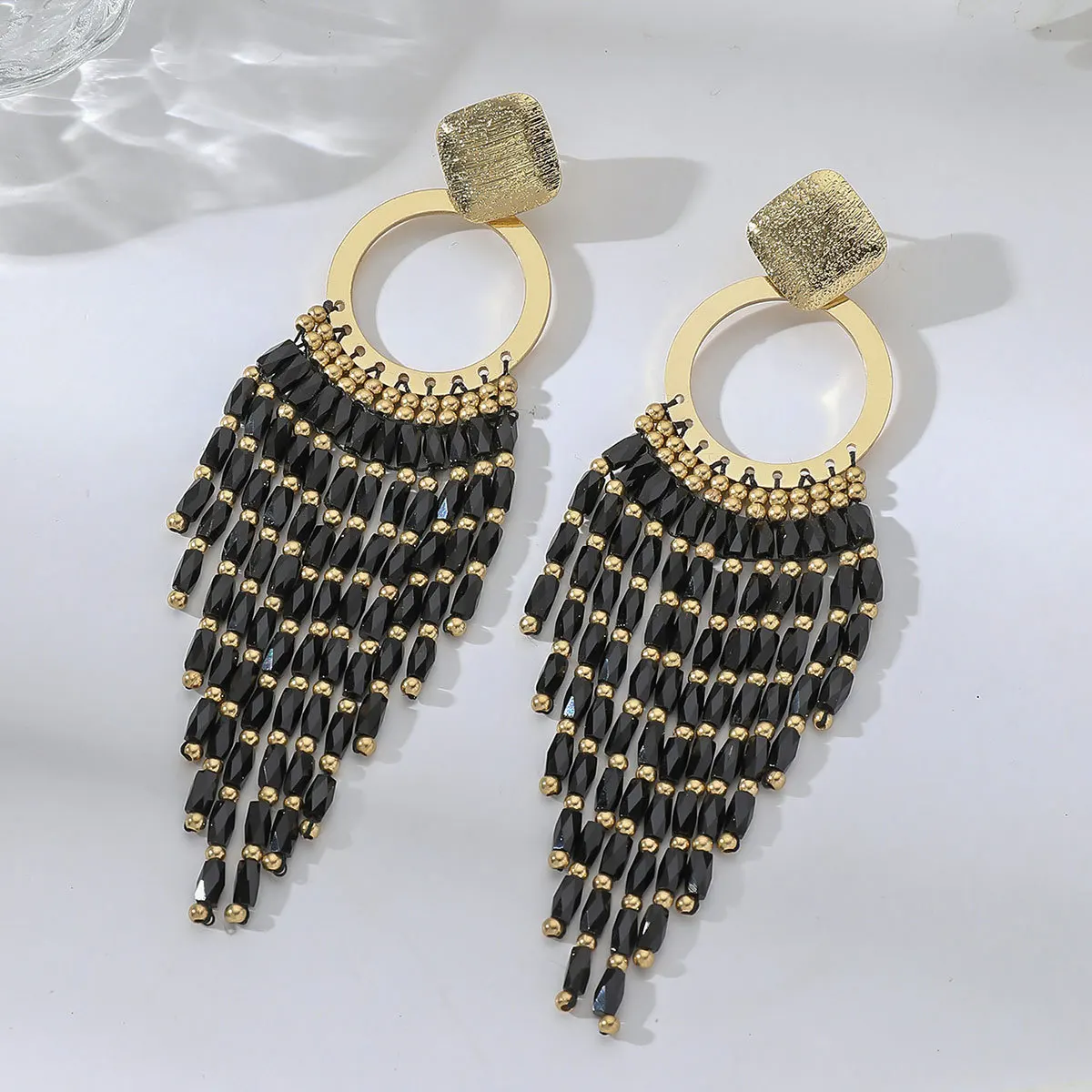 Beaded earrings Hand-woven Circle Bohemia Alloy Tassel Crystal Geometry Trend Simple female Rice bead earrings