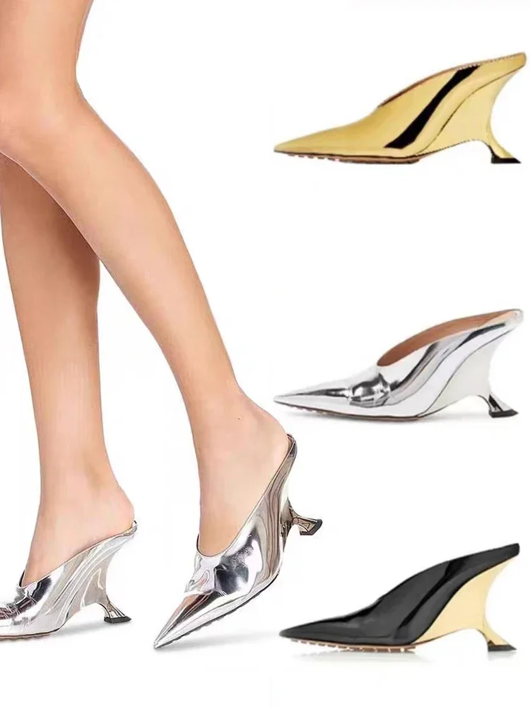 2024 New External Wear Moeller Slippers, Women's Slope Heels, Pointed Hollow French Fashion Versatile High Heels