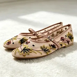 New Mesh Breathable Ballet Flats Women Luxury Designer Embroidered Flower Mary Jane Shoes Light Comfort Low Heeled Summer Flats