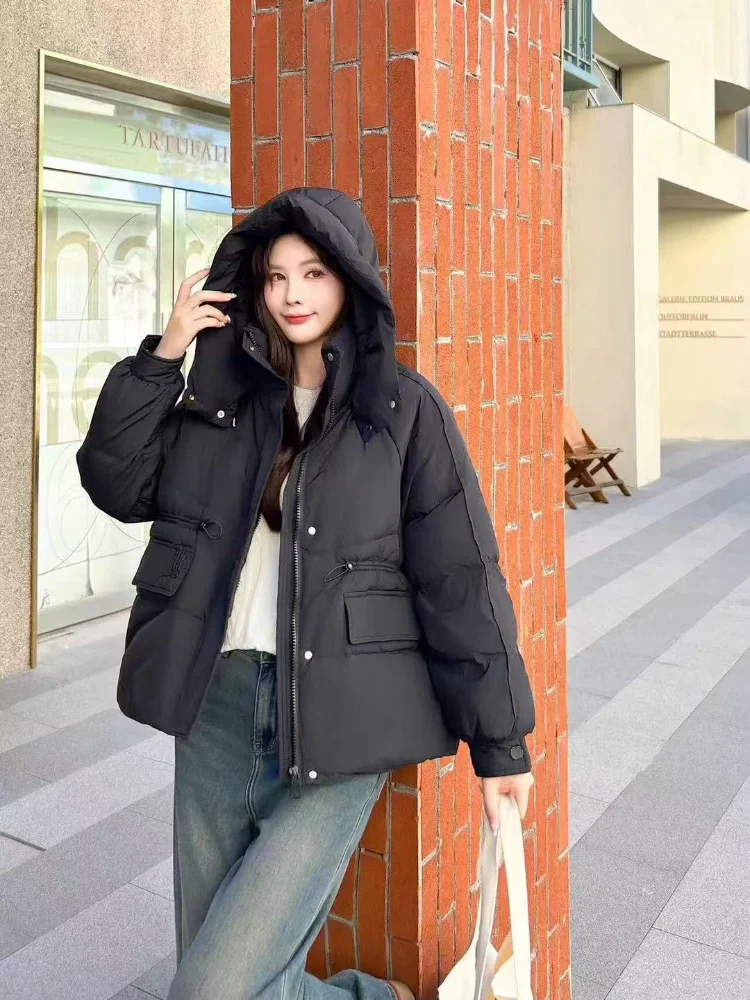 White Duck Down Jacket for Women, Thick Warm Puffer Coat, Drawstring Waist, Thin Hooded Female Parkas, Ladies Outwear Winter New