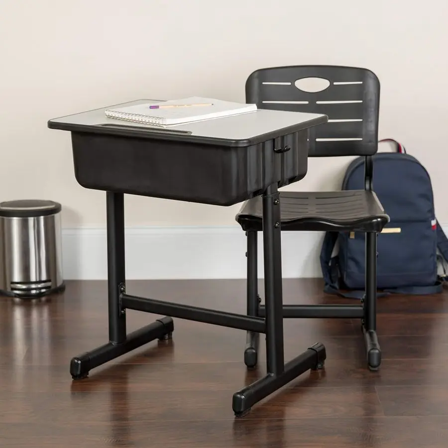Conjunto de mesa e cadeira ajustável para estudantes para salas de aula ou aprendizagem remota, mesa escolar ajustável com cadeira e caixa de livros, cinza bl