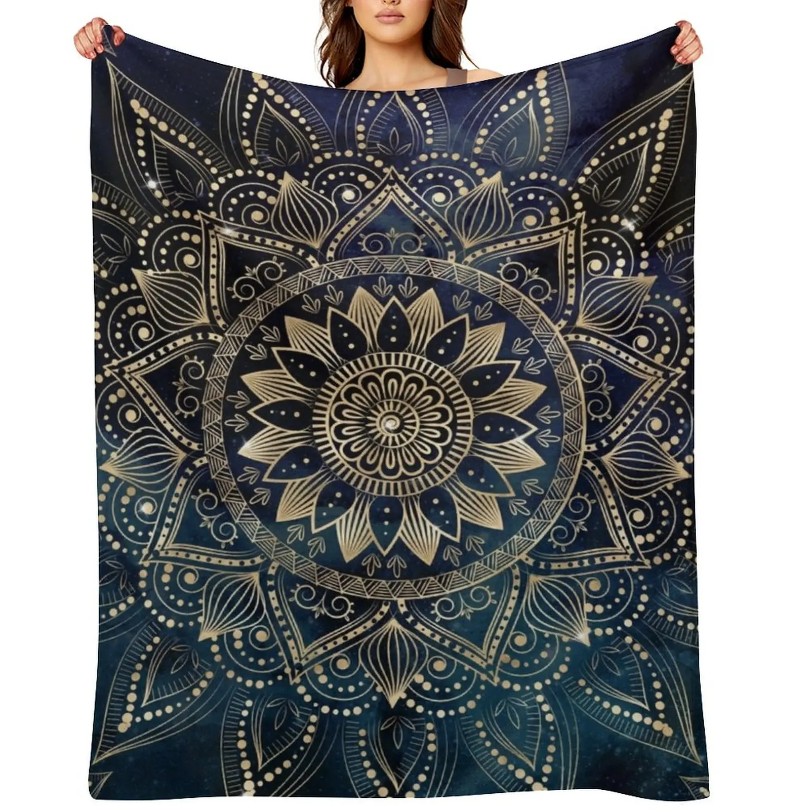 

Elegant Gold Mandala Blue Galaxy Throw Blanket Cute Luxury Designer manga Luxury Blankets