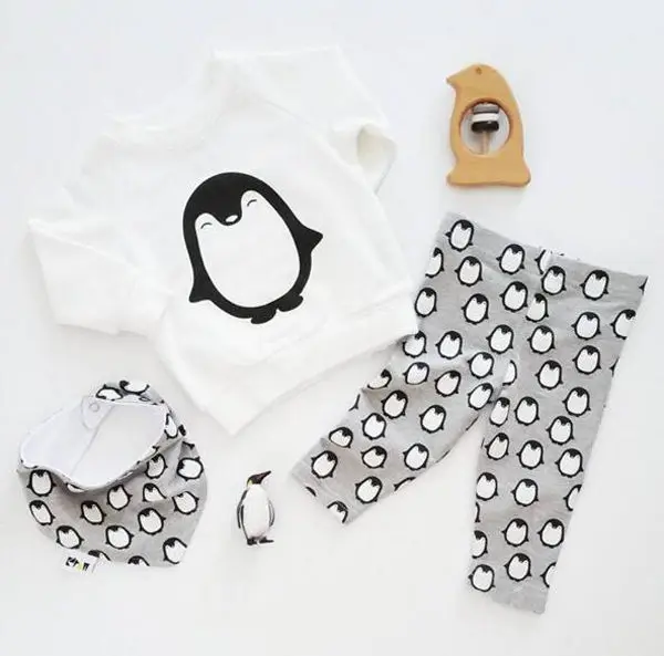 Newborn Infant Baby Clothes Outfits Fashion Long Sleeve Penguin T-shirt+Pants 2PCS Baby Boys Girls Clothing Sets