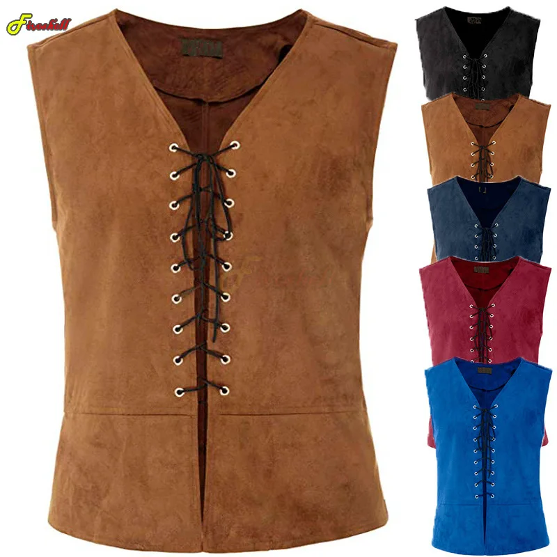 

Mens Gothic Medieval Pirate Chevalier Cosplay Black Vest 18th Century Renaissance Solid Sleeveless Waistcoats Halloween Costume