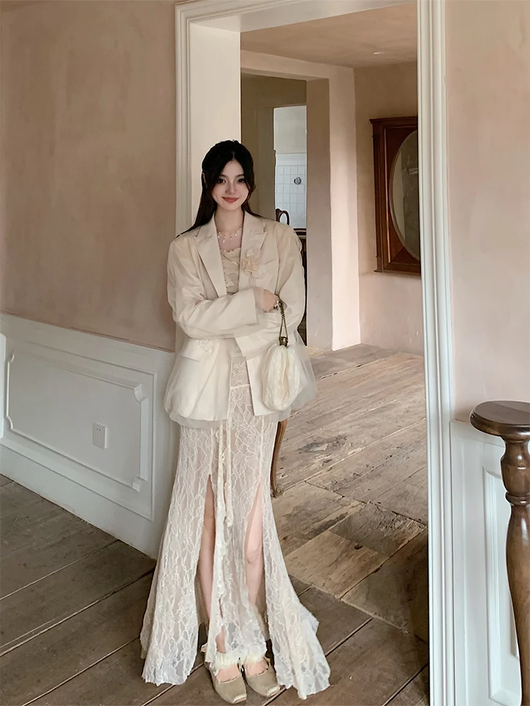 

WALKINK Oversize Loose Silhouette oulder Pad Heavy Work Fairy Net Flower 3D Embroidery Women's Casual Suit Vest Top