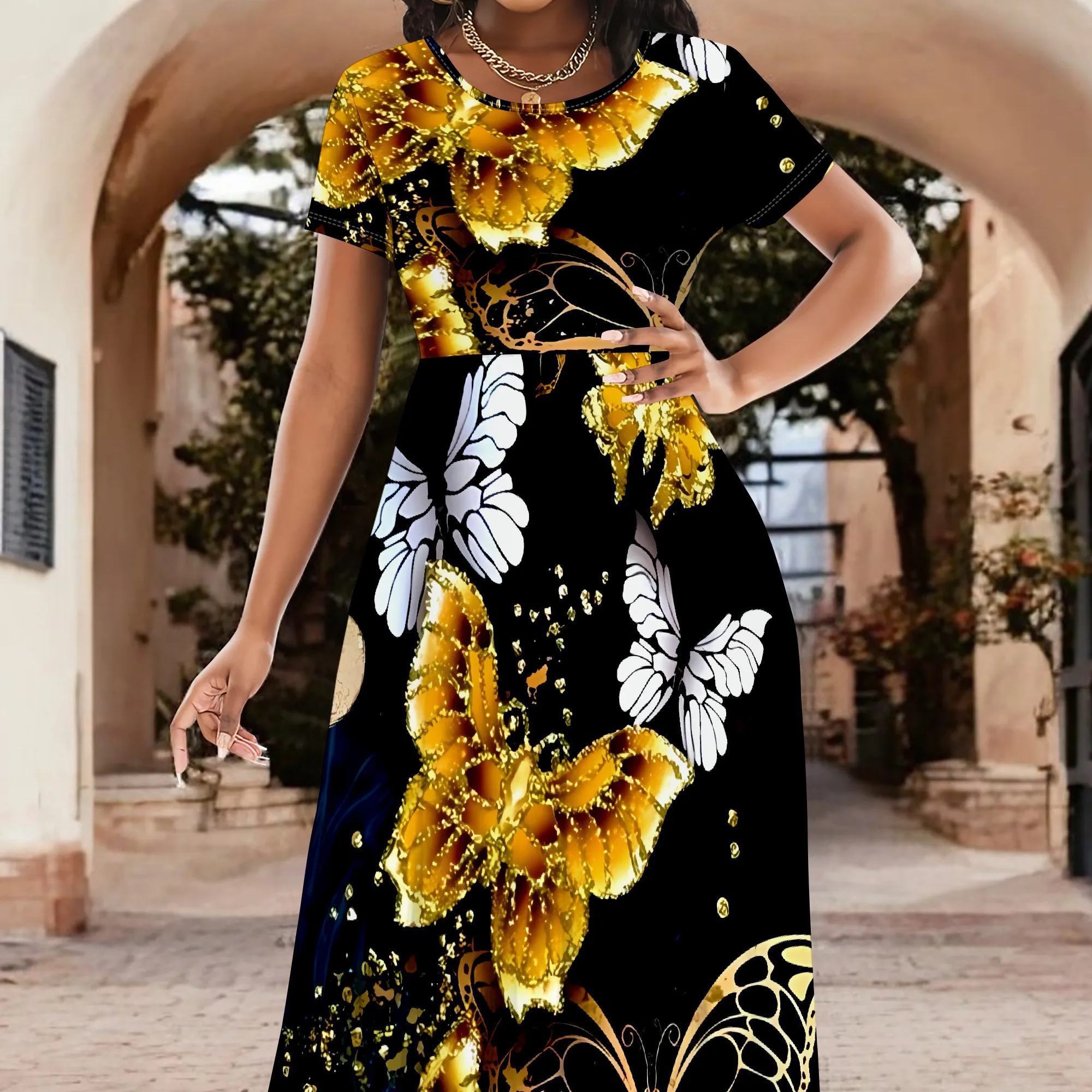 Abito lungo Boho ampio da donna a maniche corte con collo sexy, abito lungo da vacanza casual con orlo diviso stampato alla moda