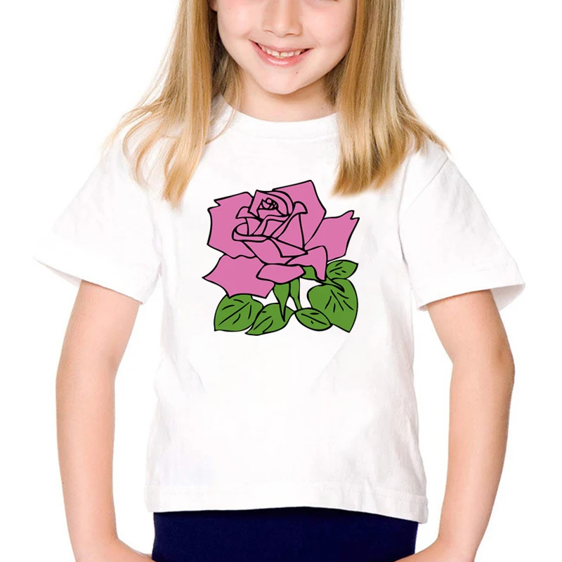 

Summer New T-shirt Fashion Rose Girls Tshirts Harajuku Clothes Nice Flowers Element Round Neck Kids White Tees Tops