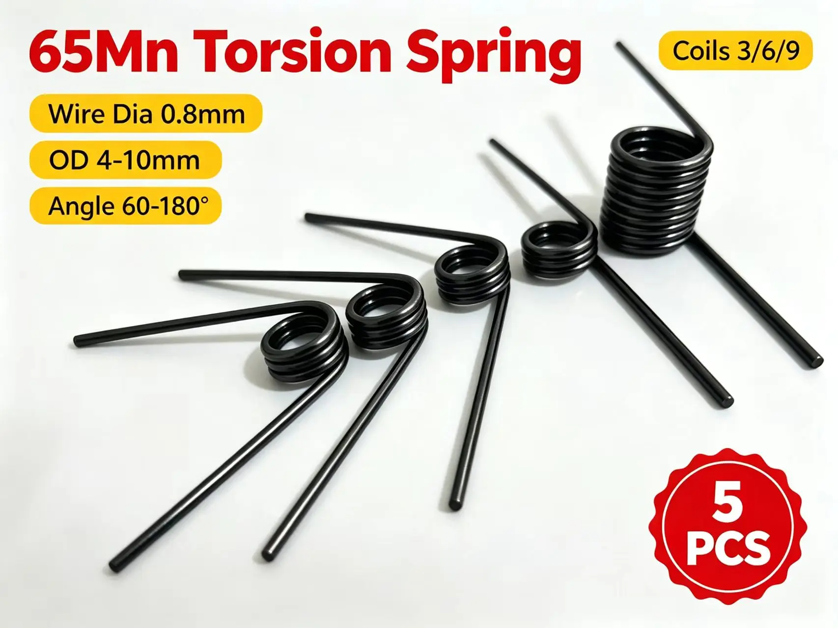 Double Arm 65Mn Torque Spring 5Pcs 0.8mm Wire Dia 4-10mm OD 60-180° Torsion Spring for Clamp Hinge Lid DIY Mechanical Assembly