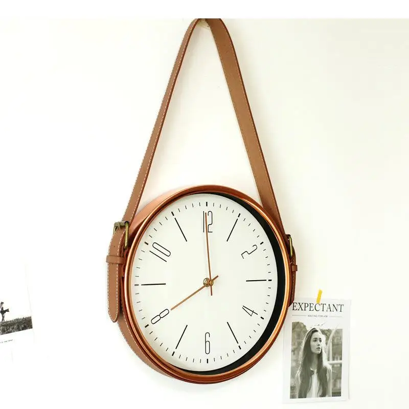 

Leather Lanyard Wall Clocks Wall-mounted Silent Sweep Needle Clock Living Room Decoration Crafts Decorative Hanging Timepiece