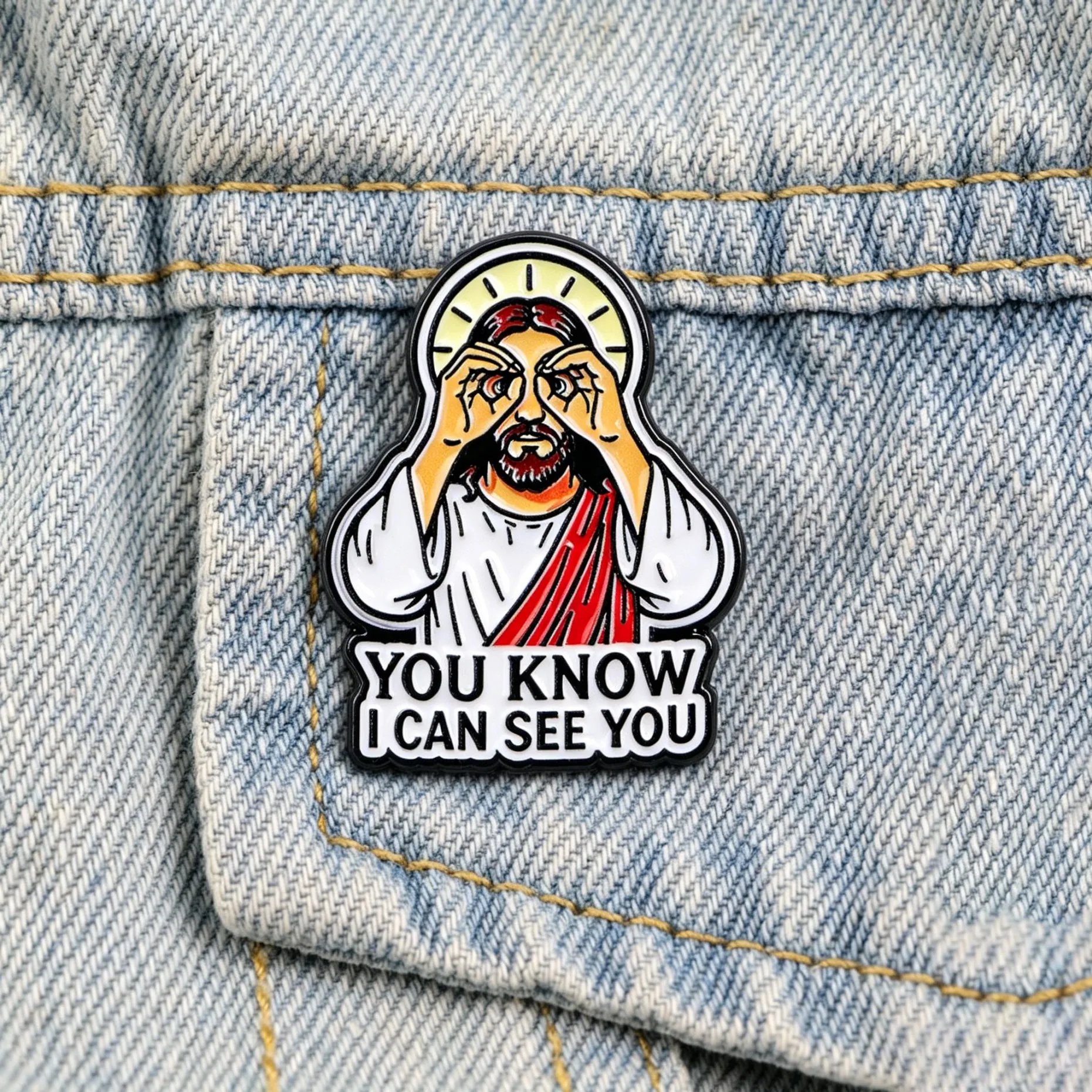 Lustiger Jesus-Emaille-Pin „Du weißt, dass ich dich sehe“ – Humorvolle religiöse Metallbrosche als Deko für Jeans und Rucksäcke – Neuartiges Geschenk