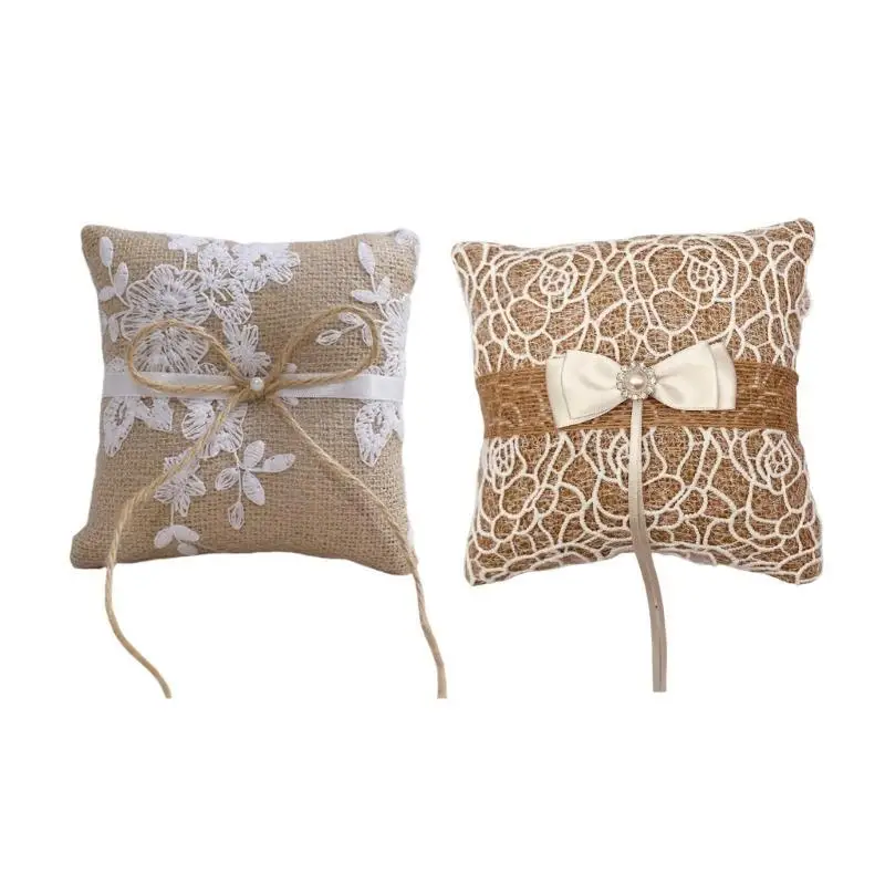 

31BB Handmade Lace Burlap Rings Pillow Rings Holder For Wedding Ceremony And Keepsakes