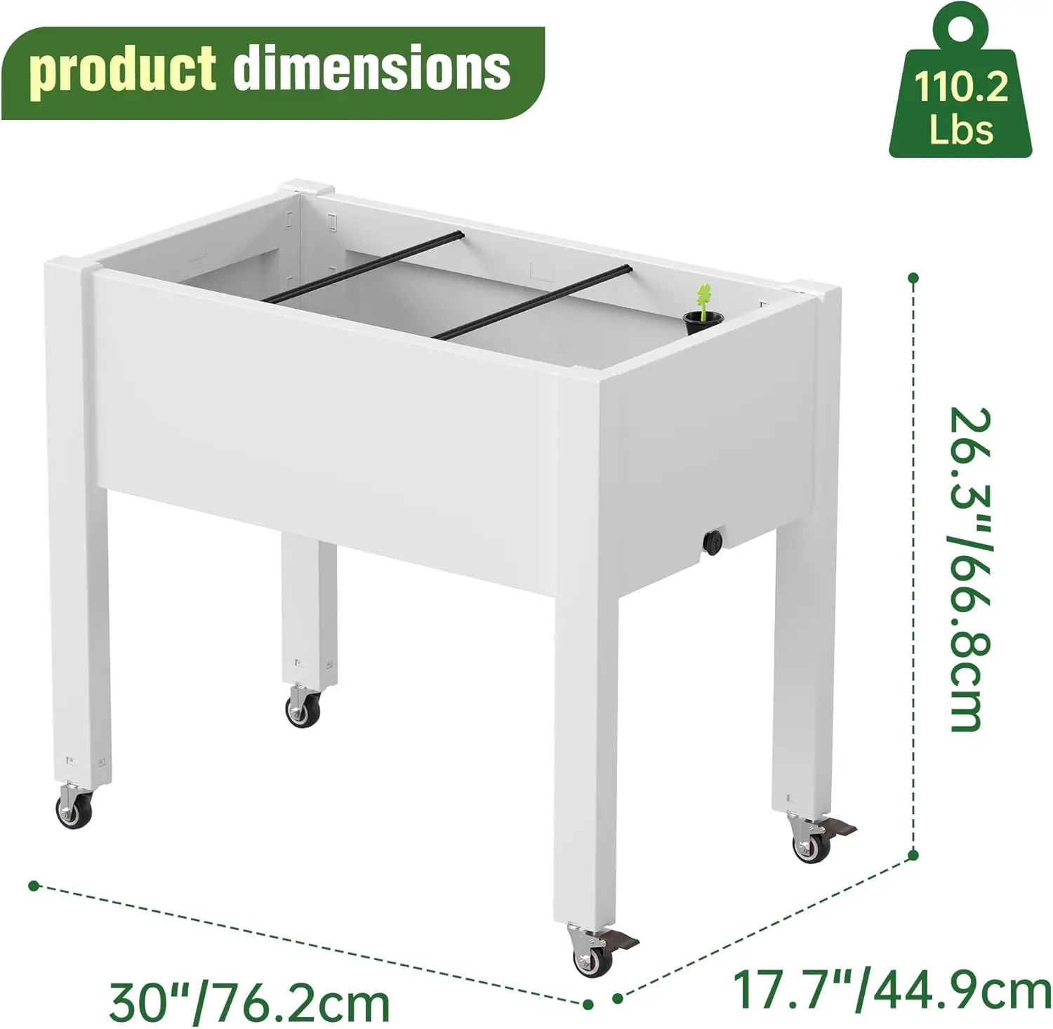 Elevated Raised Garden Bed with Wheels - Outdoor Mobile Resin Planter Box with Drainage Holes for Vegetables Flower Herbs, Weather Resistant, Ashen (26.3