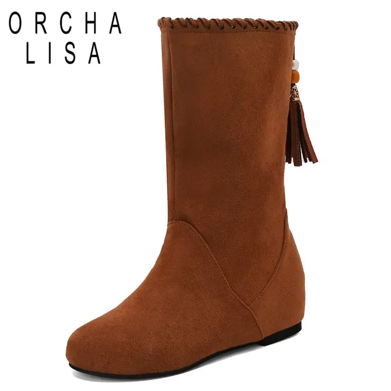 

ORCHA LISA Hot Women Mid Calf Boots Round Toe Flock Suede Flats Dual Wear Plus Size 46 47 48 Leisure Daily Female Fringe Autumn