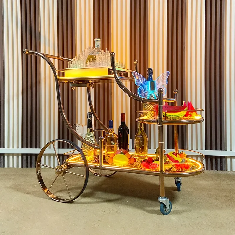 3 Tier Mobile Bar Cart With LED Lights Luminous Serving Trolley For KTV Nightclub Wine Bottle Display Rack Food Delivery