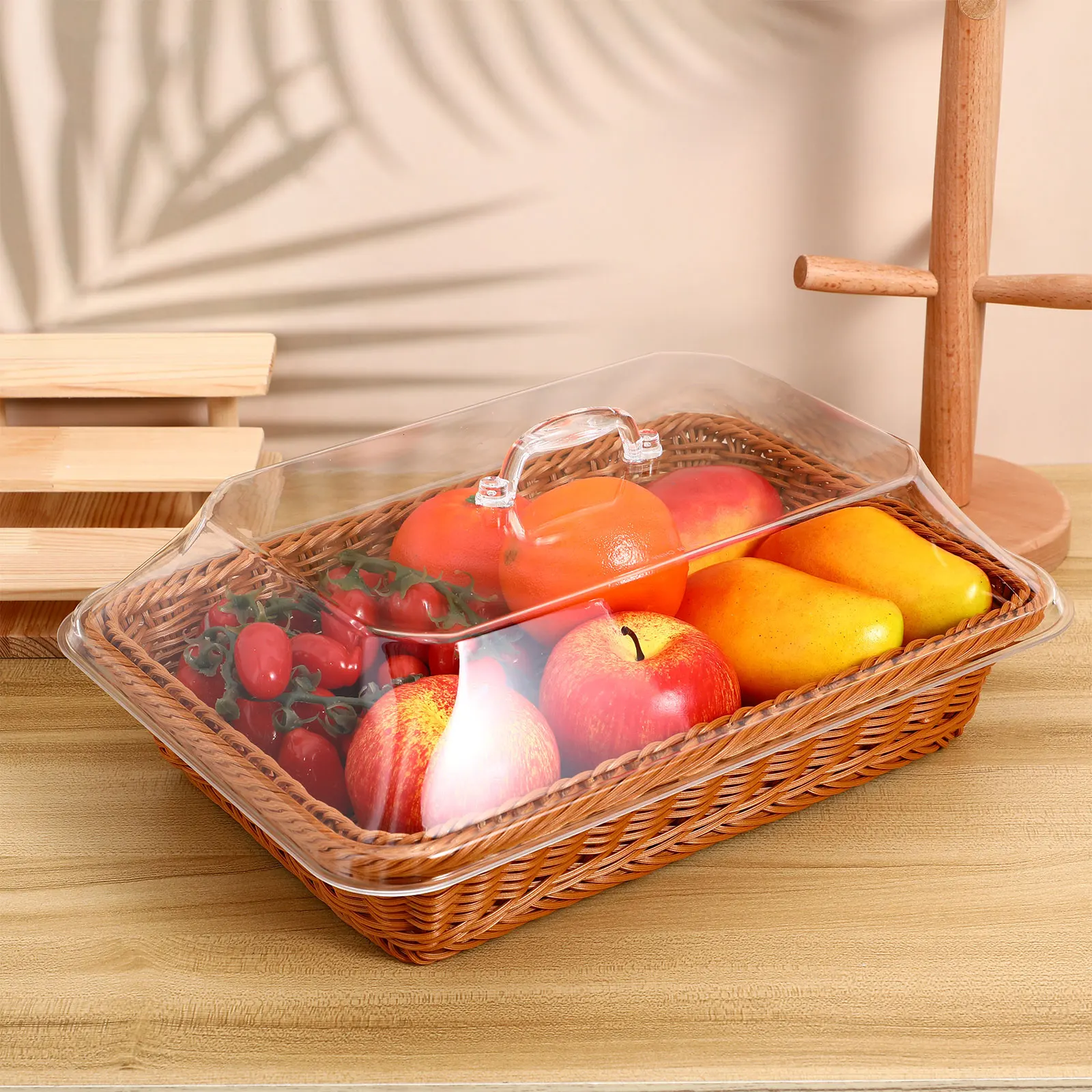 

Imitation Rattan Woven Basket Snack Fruit Bread for Kitchen Decorate Light Brown Rectangular Tray Bathroom