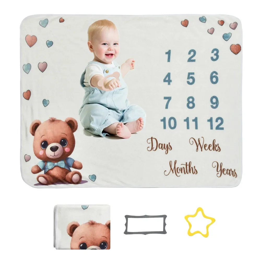 VIKAMA Cartoon Animal Print, 100-Day Commemorative Photo Prop Blanket, Newborn Monthly Milestone Blanket, Calendar Growth Chart