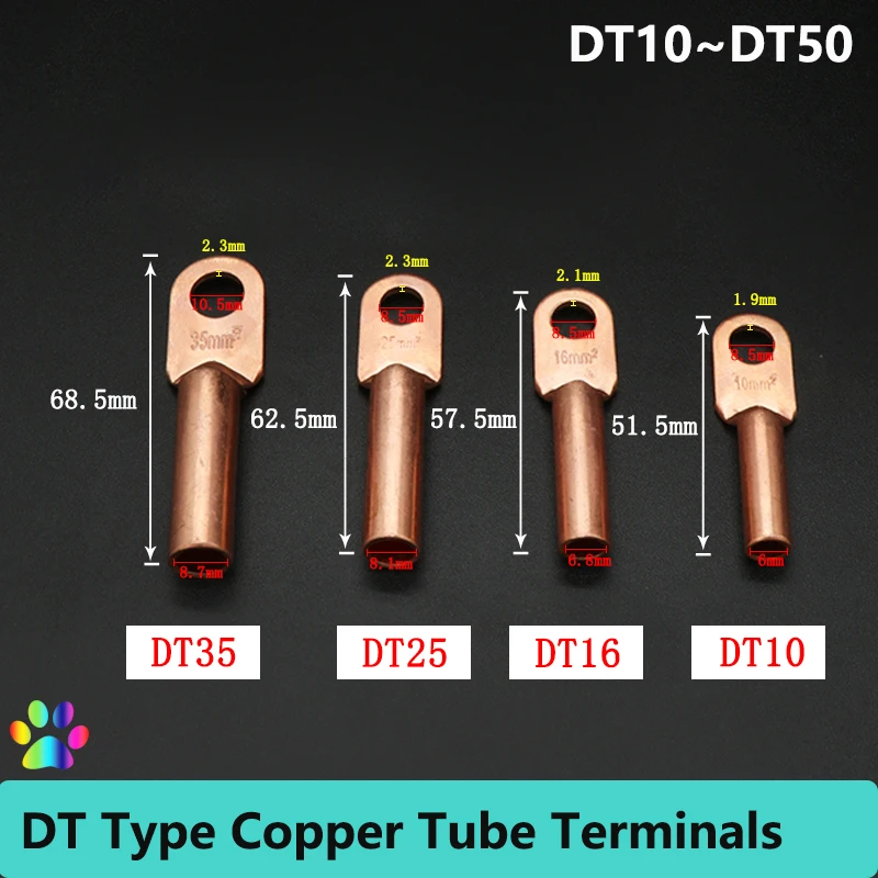 

5~30pcs Copper Tube Wire Terminal DT-10 DT-16 DT-25 DT-35 DT-50 Crimp Splice Block Bare Bolt Hole Nose Tube Lug Cable Connector