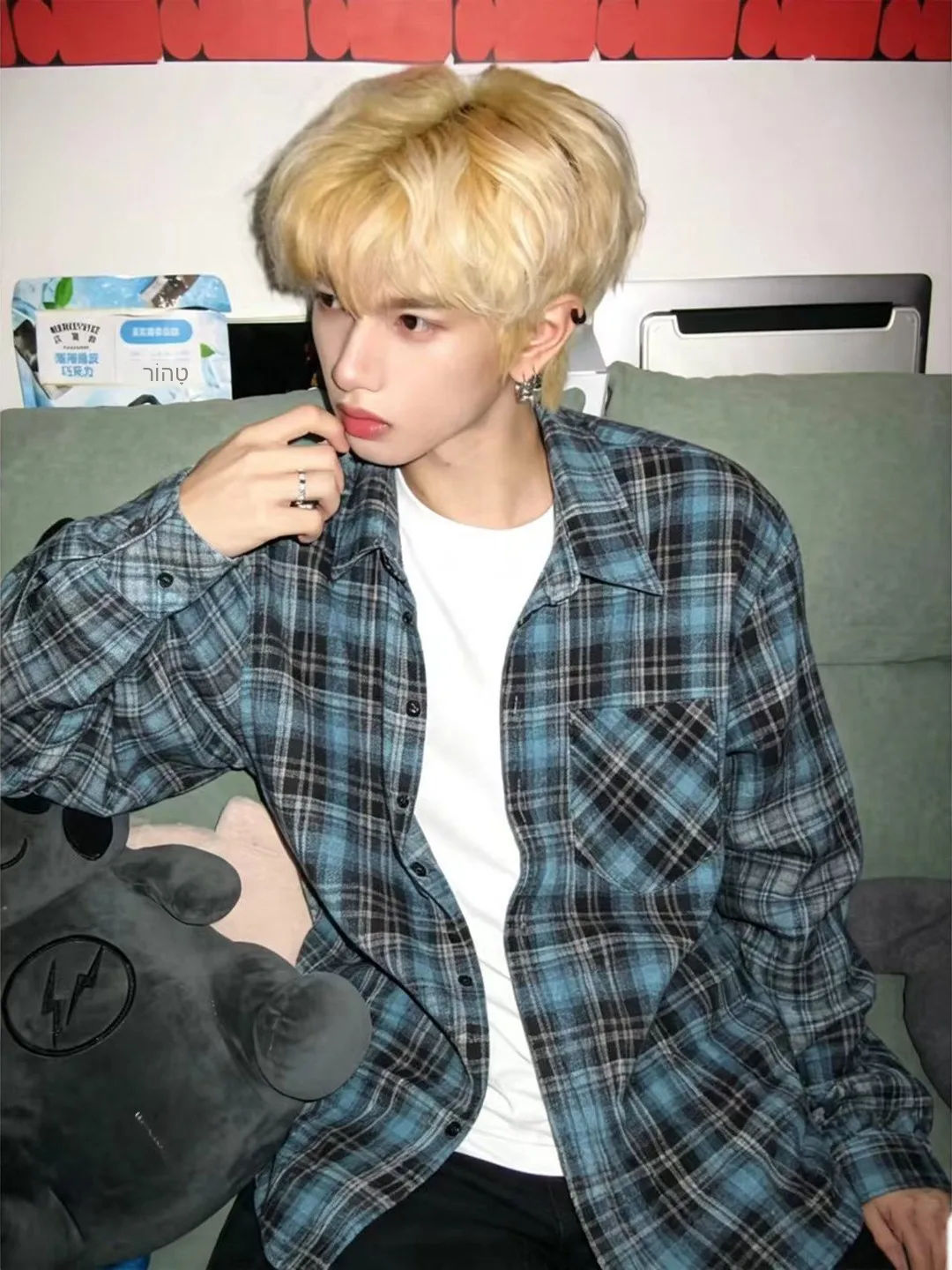 Retro American Blue Flocking Plaid Long Sleeve Shirt Jacket Men's Casual Loose Autumn Fashion Brand Handsome Checkered Shirt