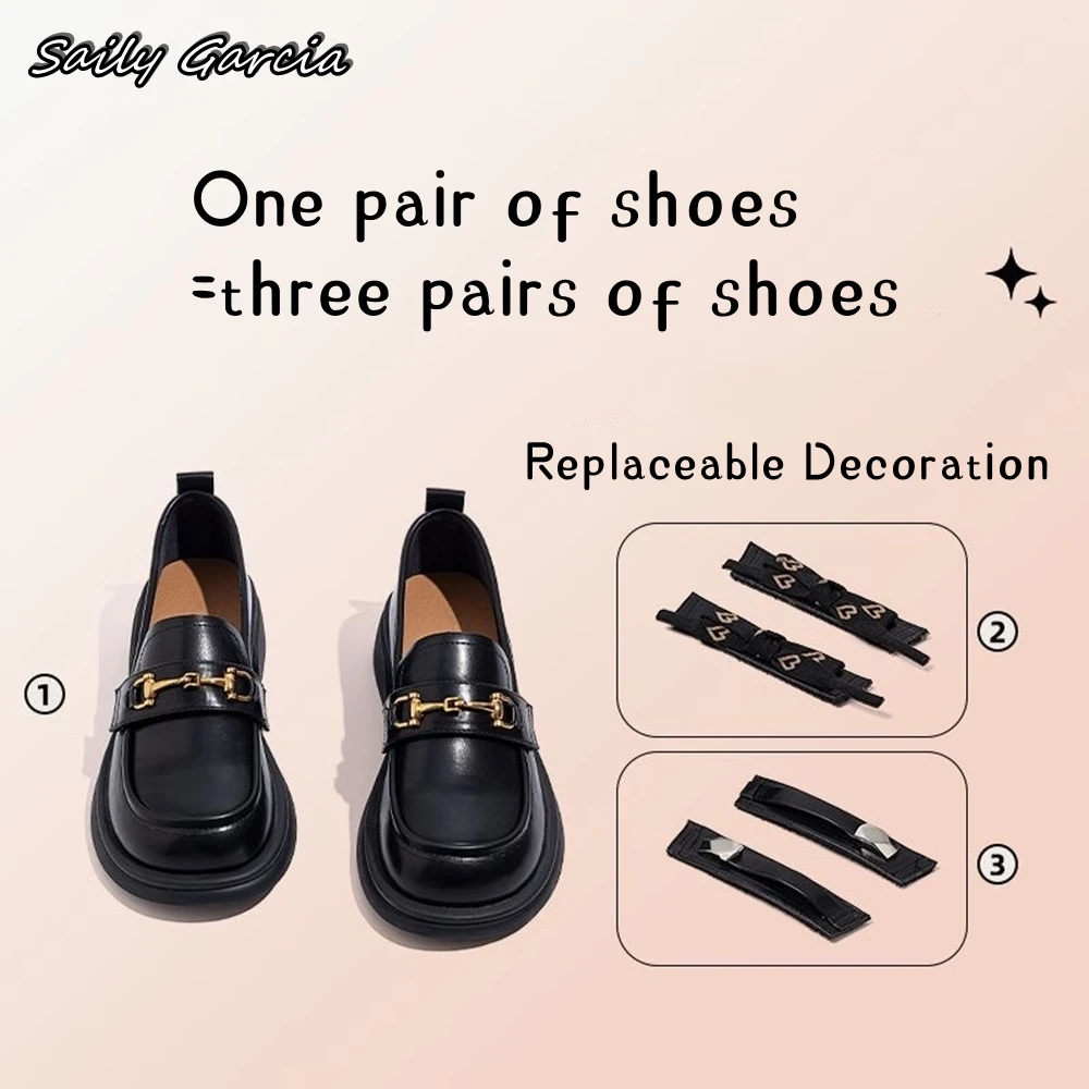 

Solid Retro Glossy Interchangeable Metal Trim Casual Loafers 2024 New Design All-Match Women Flats Round Toe Platform Work Shoes