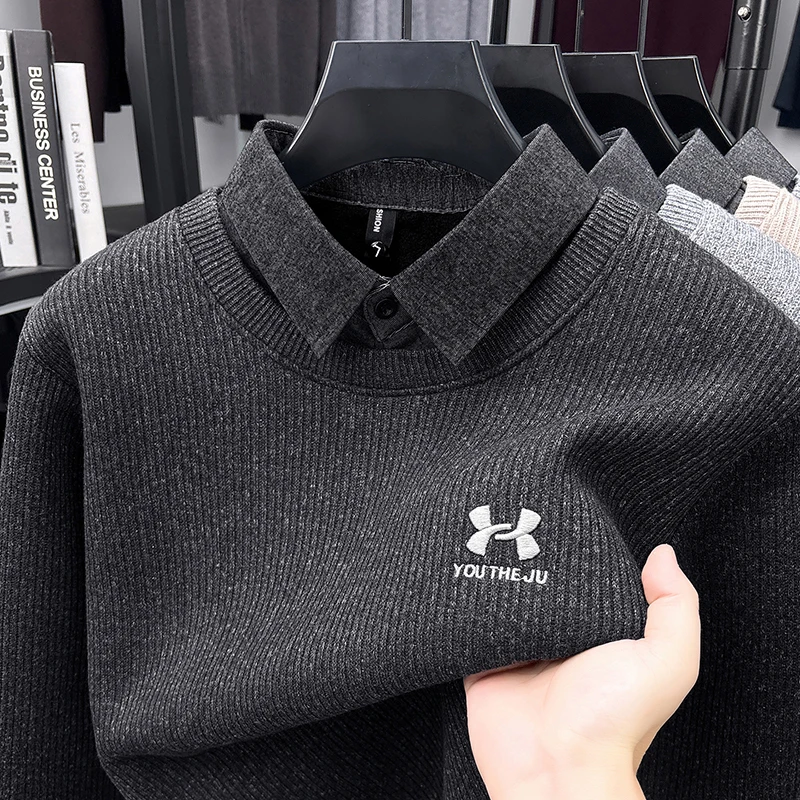 High Quality Velvet Warm Shirt Collar Sweater Men's Winter Fashion Brand Pony Embroidery Casual Comfortable Knitted Pullover