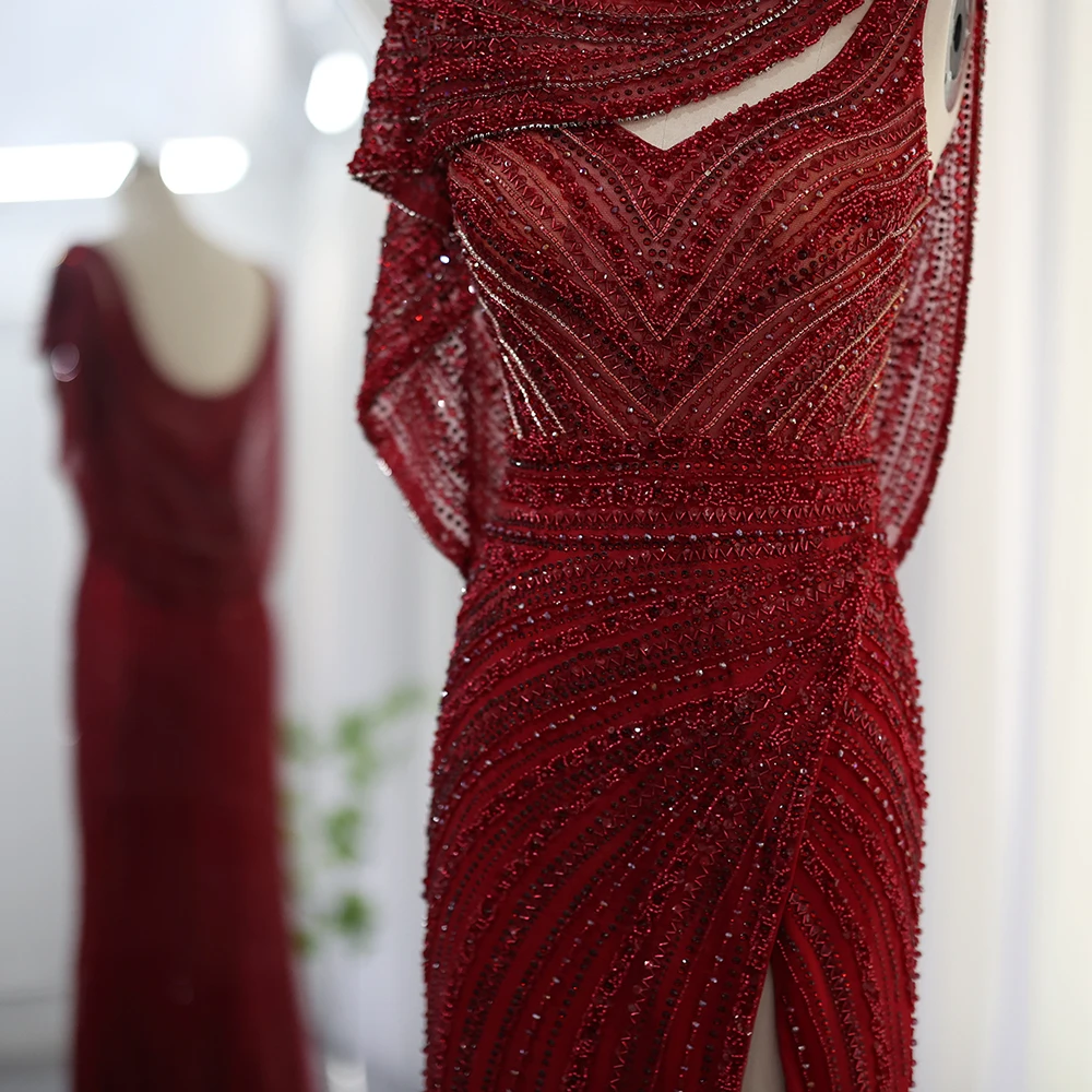 Sharon Said Luxuriöses Silbernes Meerjungfrauenkleid für Hochzeitsfeier mit Cape, Perlenbesetztes Schlitz-Abendkleid SS035 Maßanfertigung – Detail 20