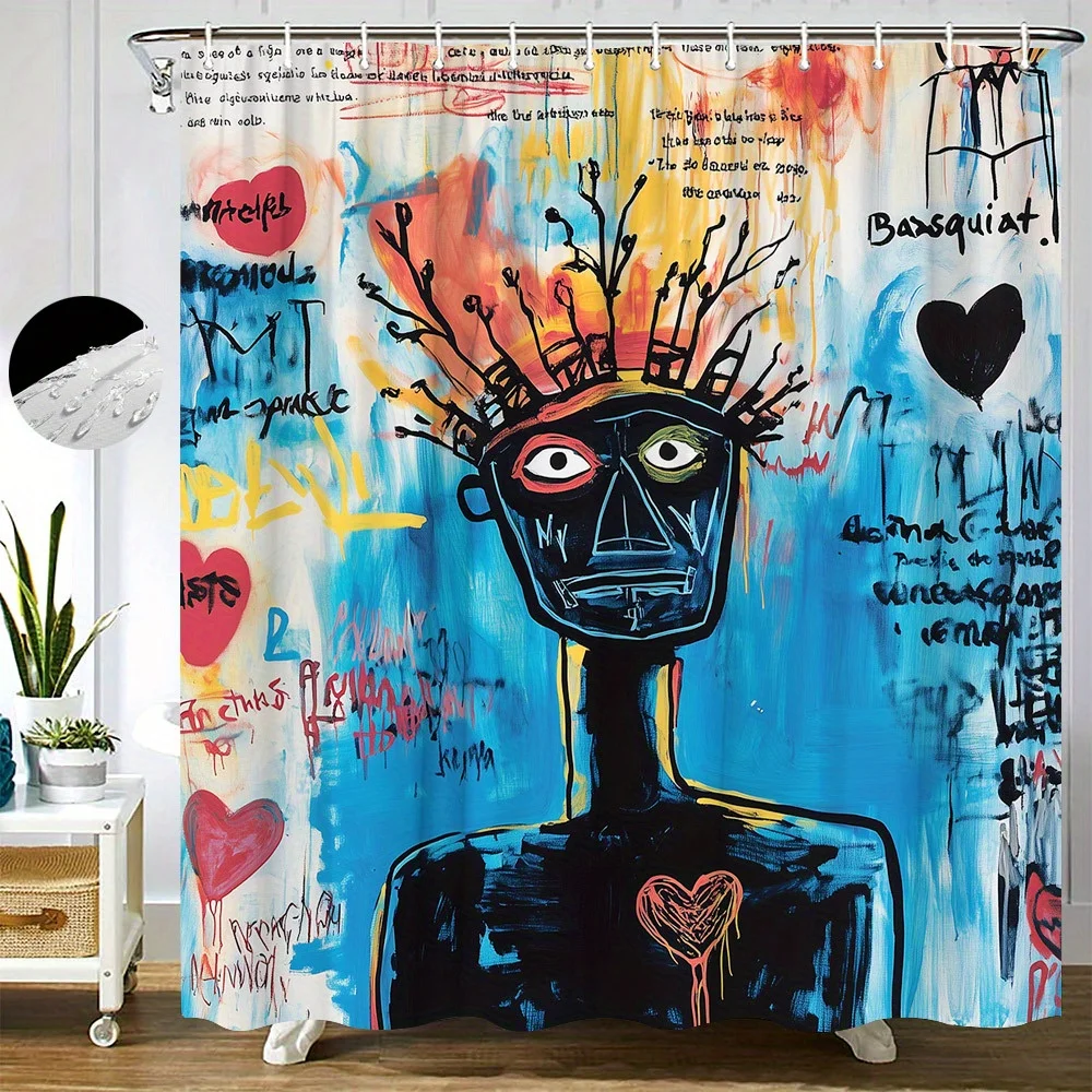 Abstract Artistic Humanoid Figure Shower Curtain, Vibrant Mismatched Eyes Crowned Head Graffiti Style Urban Surreal Design