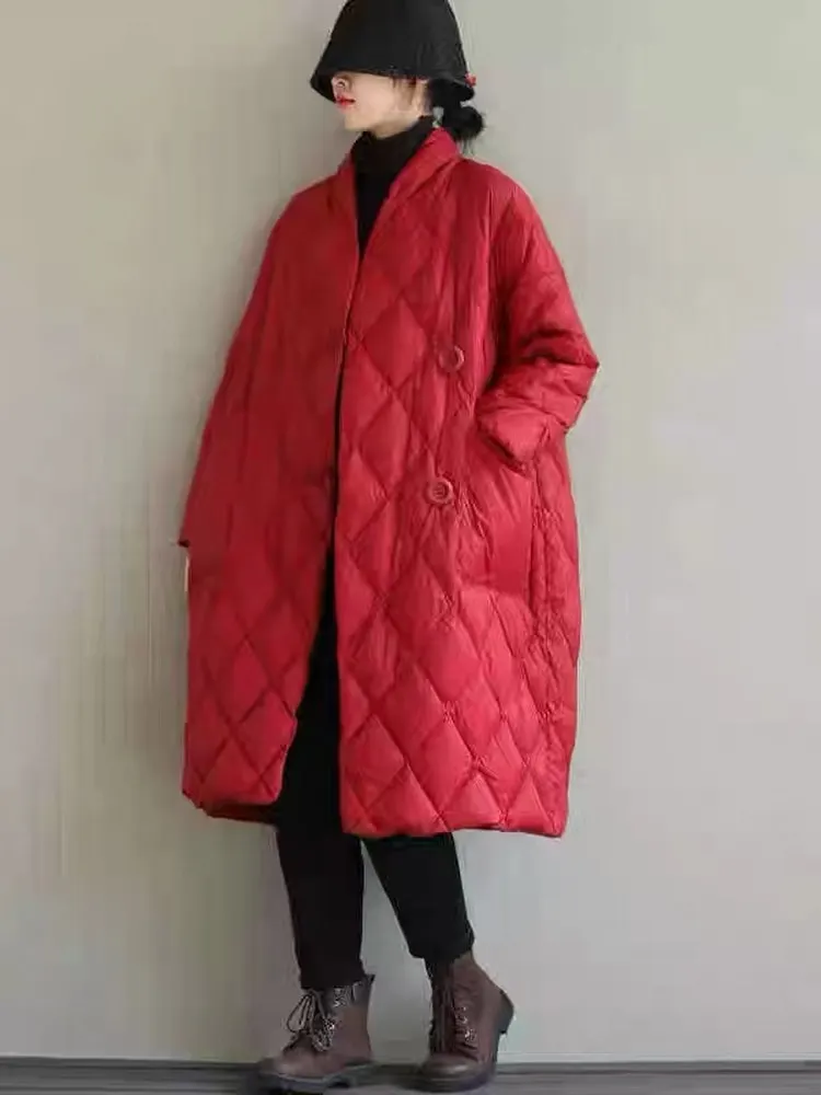 

Artistic Large Size down Cotton Jaet Women Long over Knee Loose Thin Thiened Bread Sle Winter Clothes Polyester Fabric