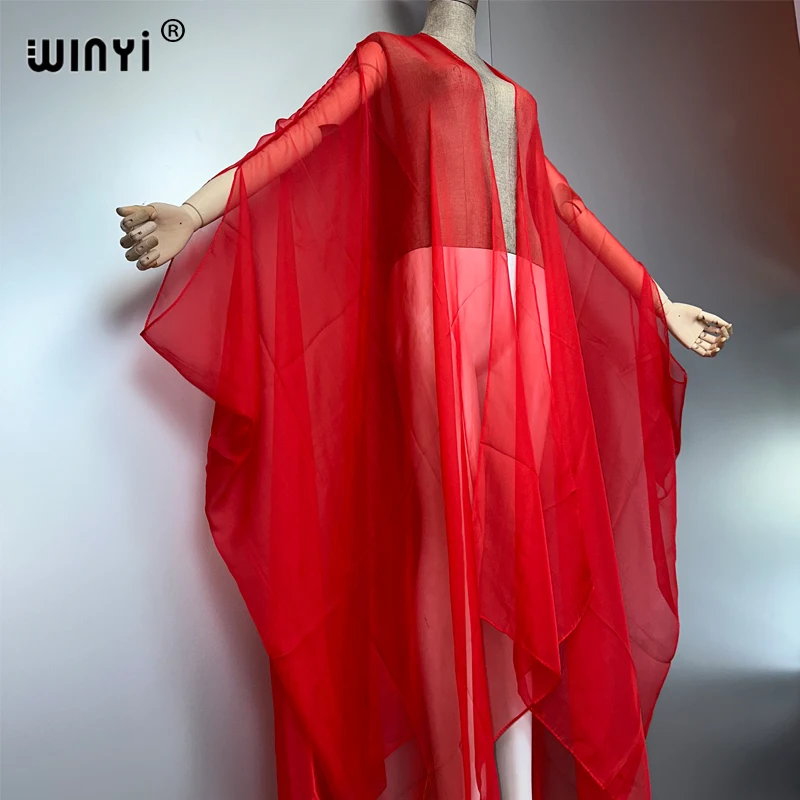 WINYI شاطئ مثير التستر لملابس النساء كيمونو ملابس السباحة كيب فستان صيفي 2025 بحر فستان غزل منظور أحادي اللون