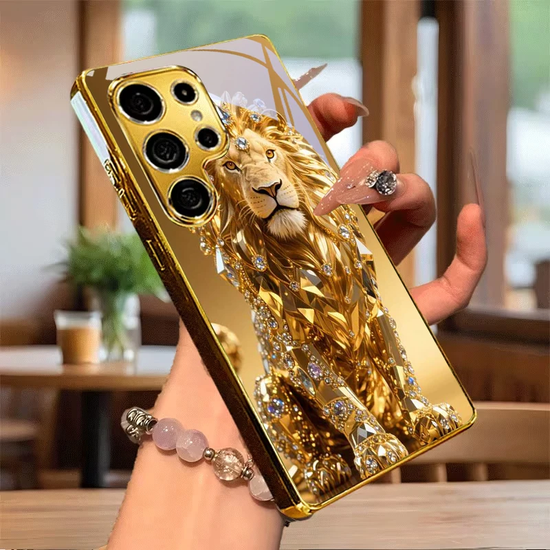 Jeweled Gold Lion Golden Phone Case For Samsung A50/A51/A52/A53/A54/A55/A56/A57/A71/A72/A73/A31/A32/A34/A36/A37/A30s Glass Cover