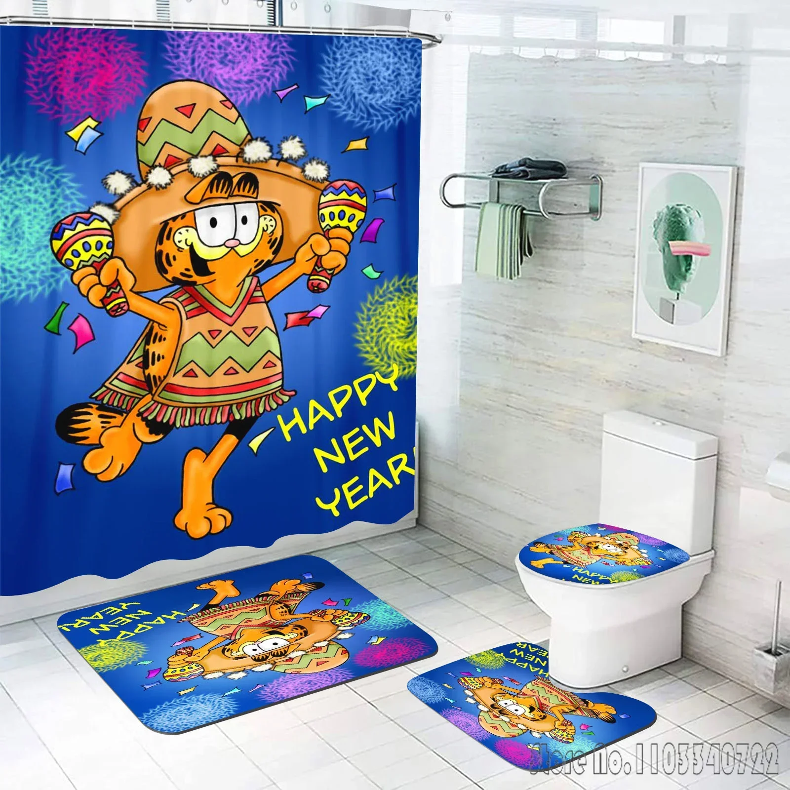 Disney G-Garfield Cat Bath Shower Curtain Set 4pcs with Hooks Waterproof Bathroom Toilet Mat Lid Decor