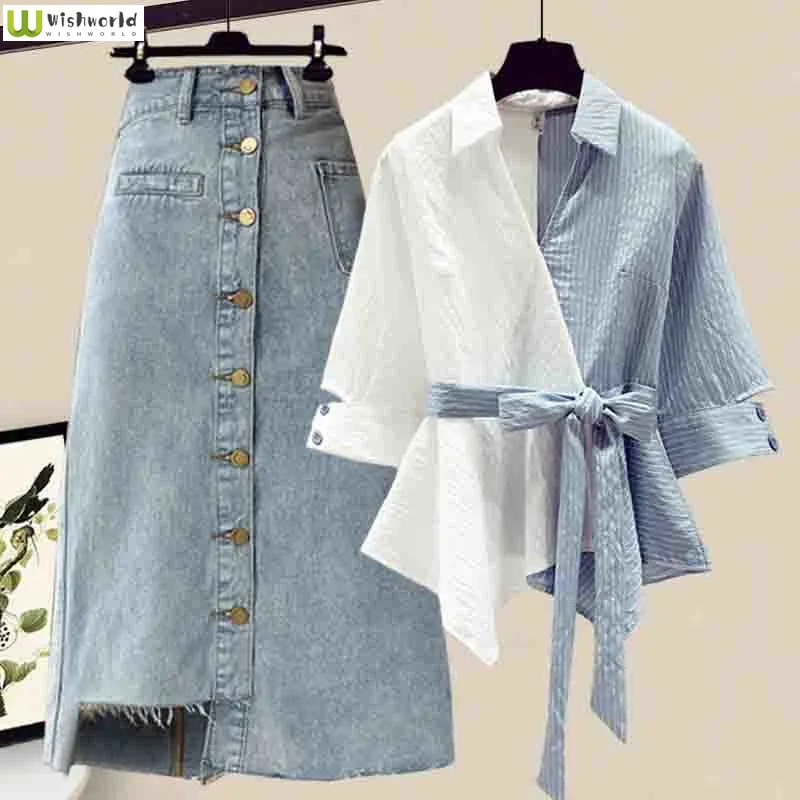 Large M-4xl Women\'s Spring and Summer Suit Fashionable Thin Age Reducing Shirt Short Sleeve Skirt Two Piece Set Women\'s Suit