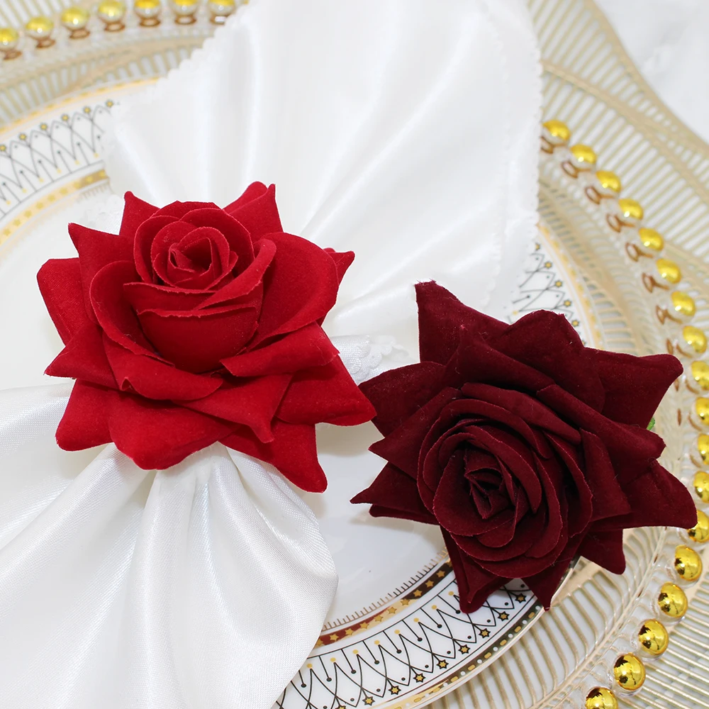 6Pcs Wedding Decoration Artificial Rose Flower Napkin Rings for Valentine\'s Day Bridal Shower Birthday Party Home Decor HWW01