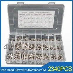 2340pcs M2 M3 M4 Cross Recessed Pan Head Screw Set Stainless Steel Phillips Round Head Screw Bolt and Flat Washer Assortment Kit