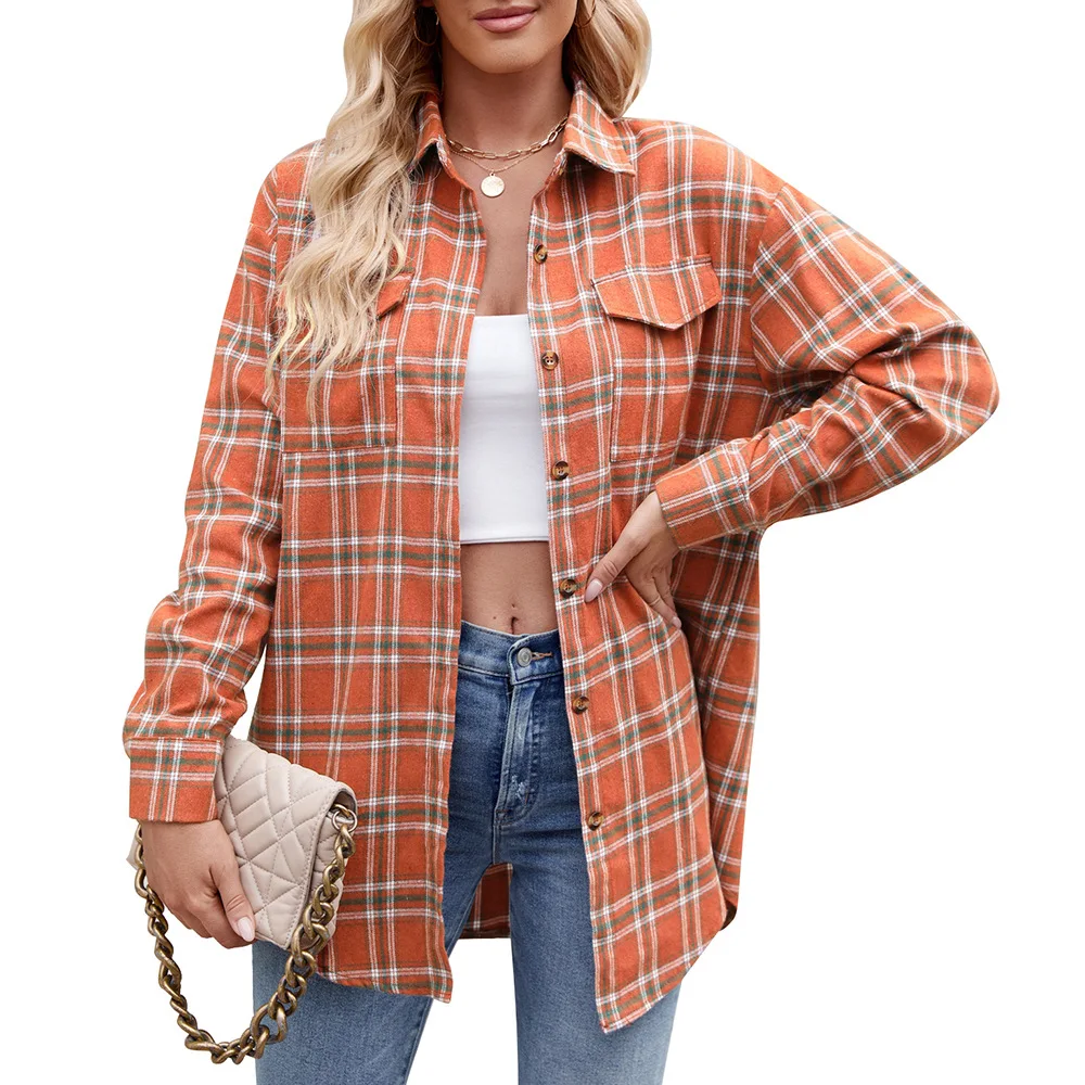 Women Plaid Button Up Shirt Autumn Winter Loose Warm Long Sleeves Pocket Casual Blouse Preppy y2k Harajuku Checkered Top