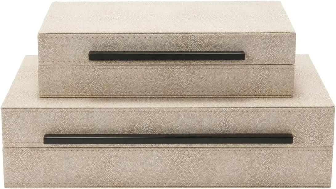 

Sagala Set of 2 Ivory Shagreen Decorative Boxes With Black Metal Handles, Faux Leather Jewelry Boxes (Ivory), 14.2x8.6x3.5cm