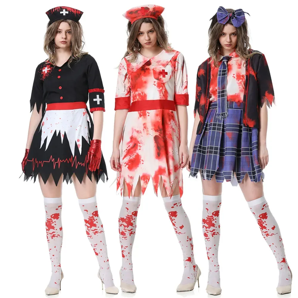 

Halloween Horror Campus Costume For Women Zombie Bloody Nurse Cosplay Costume Up Carnival Party Masquerade Women Zombie Outfit