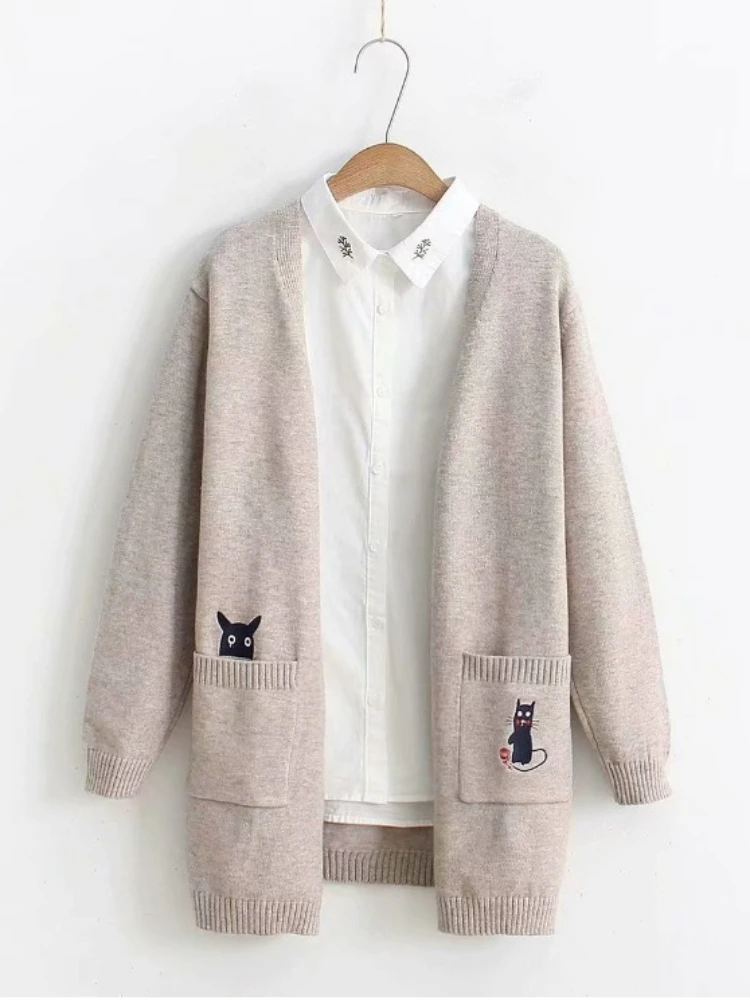 Japanese Cartoon Cat Embroidery Loose Long Sleeve Loose Sweet All Match Sweater Women Jumpers