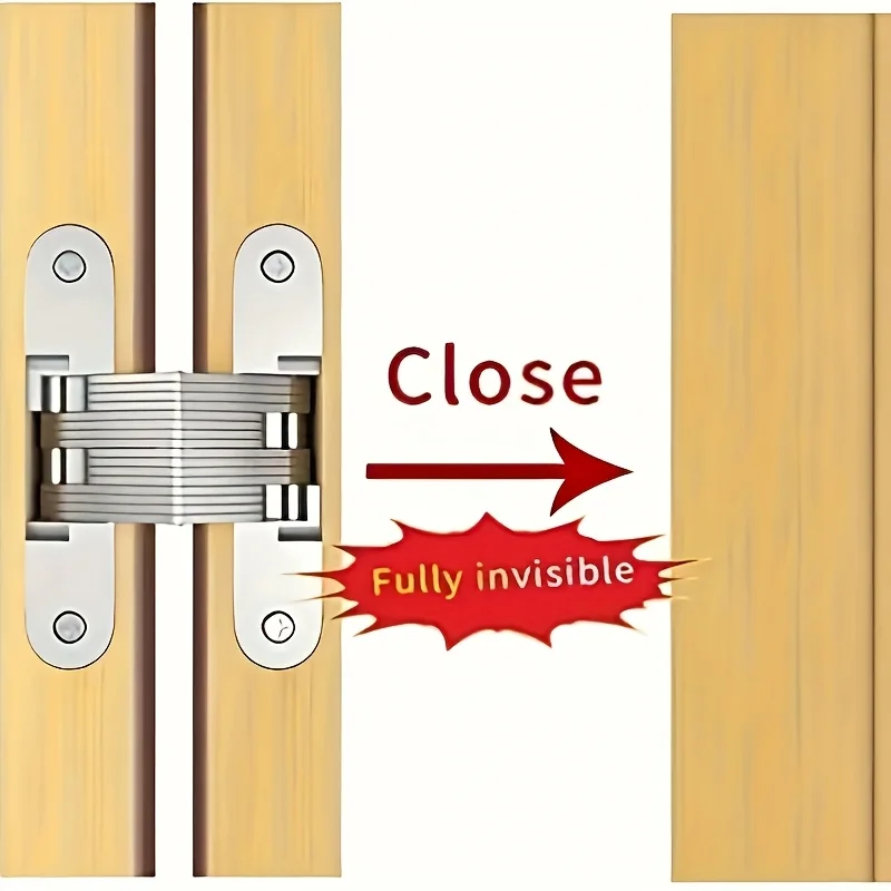 Two stainless steel concealed cabinet hinges with eight screws for use with wooden boxes and interior doors.